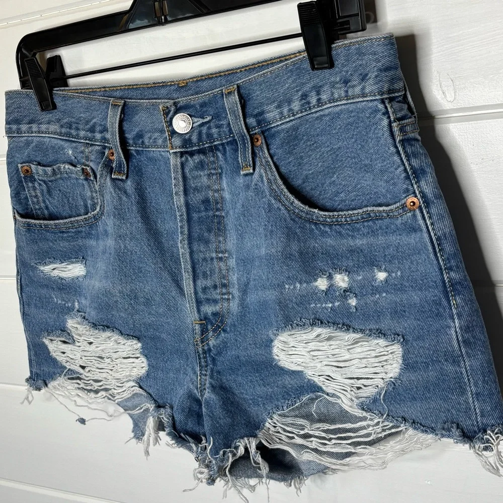 Levis 501 Vintage Denim Shorts Frayed Hem High Waist Button Fly Distressed 30
